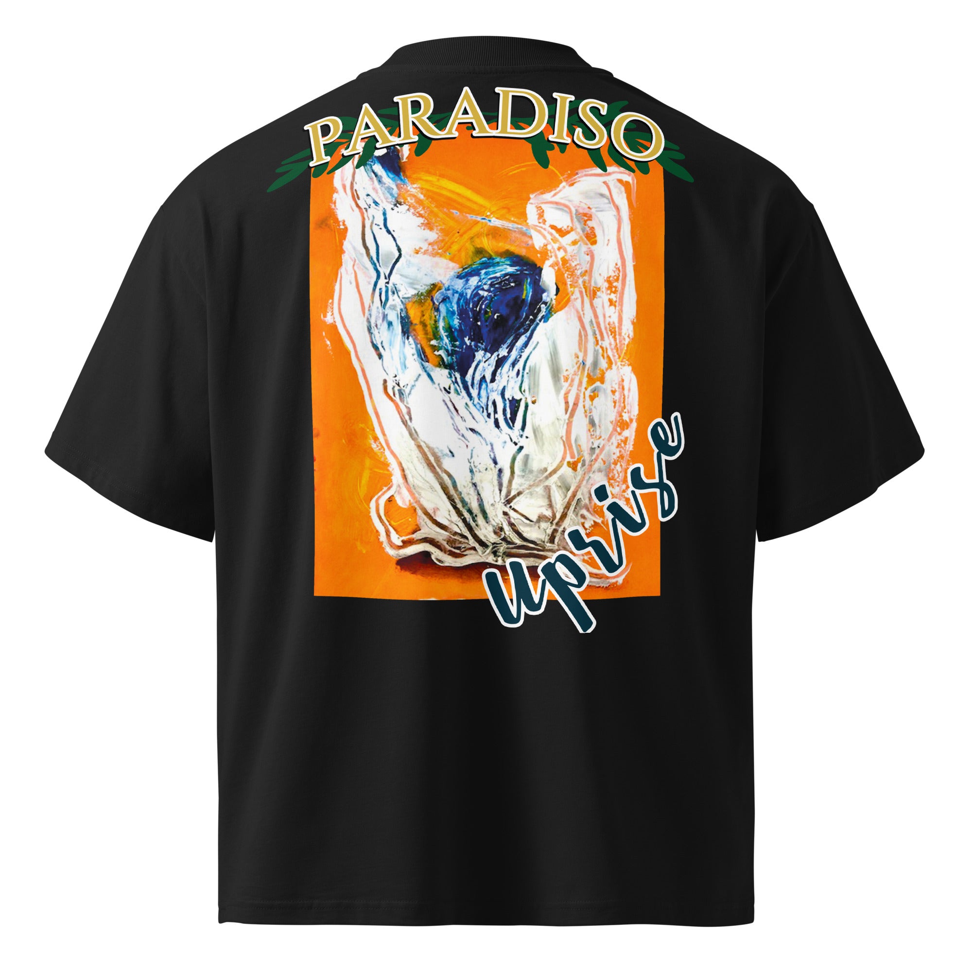 unisex t-shirt oversized black with organic-oversized, logo on back, orange, white and blue art design by paradiso og
