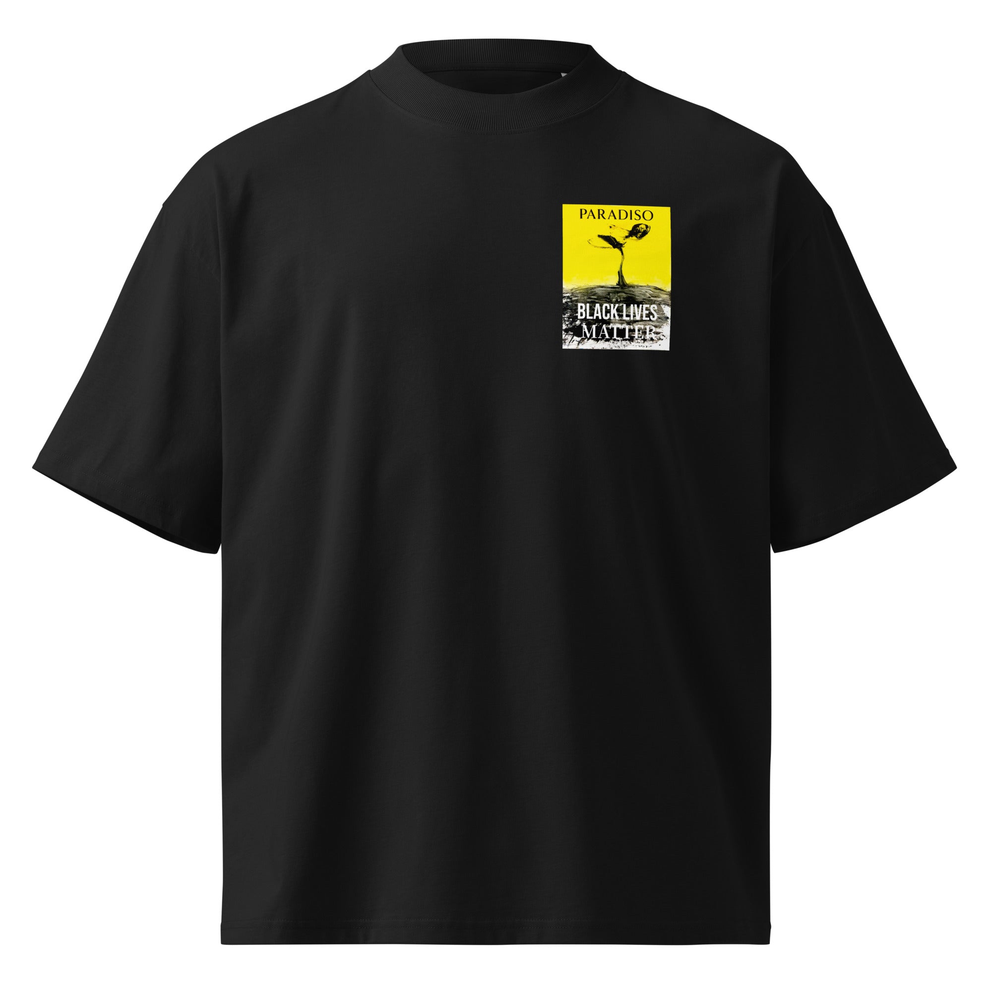 T-shirt black oversized organic cotton with artistic yellow and black logo print, lettering, black lives matter on chest design by Paradiso OG