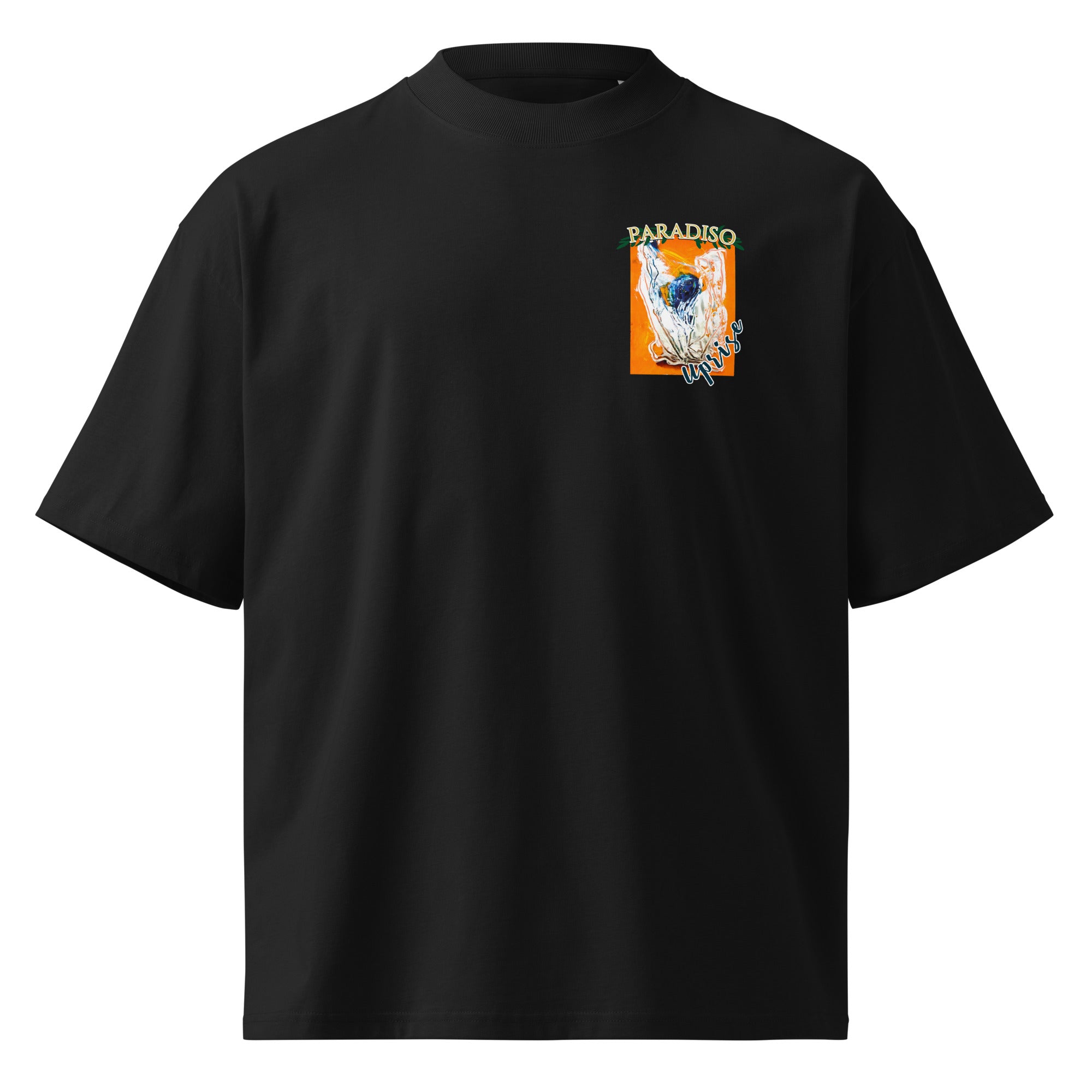 unisex t-shirt oversized black with organic-oversized logo on front-chest, orange, white and blue art design by paradiso og