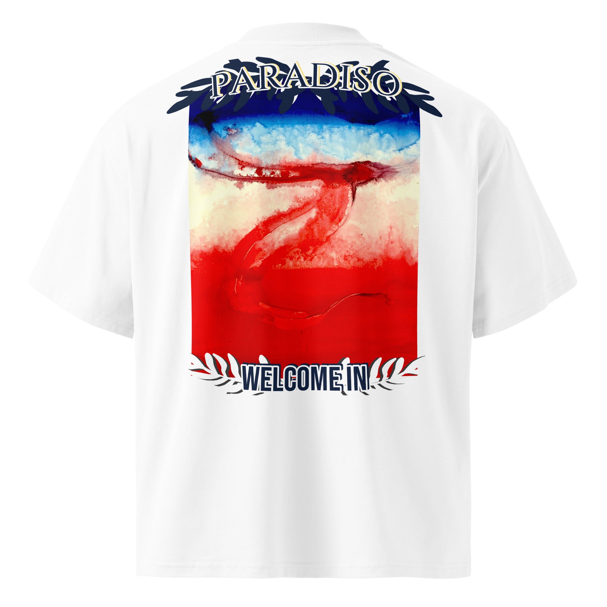 unisex t-shirt oversized white with organic-oversizedlogo on back, red, white and blue art design by paradiso og