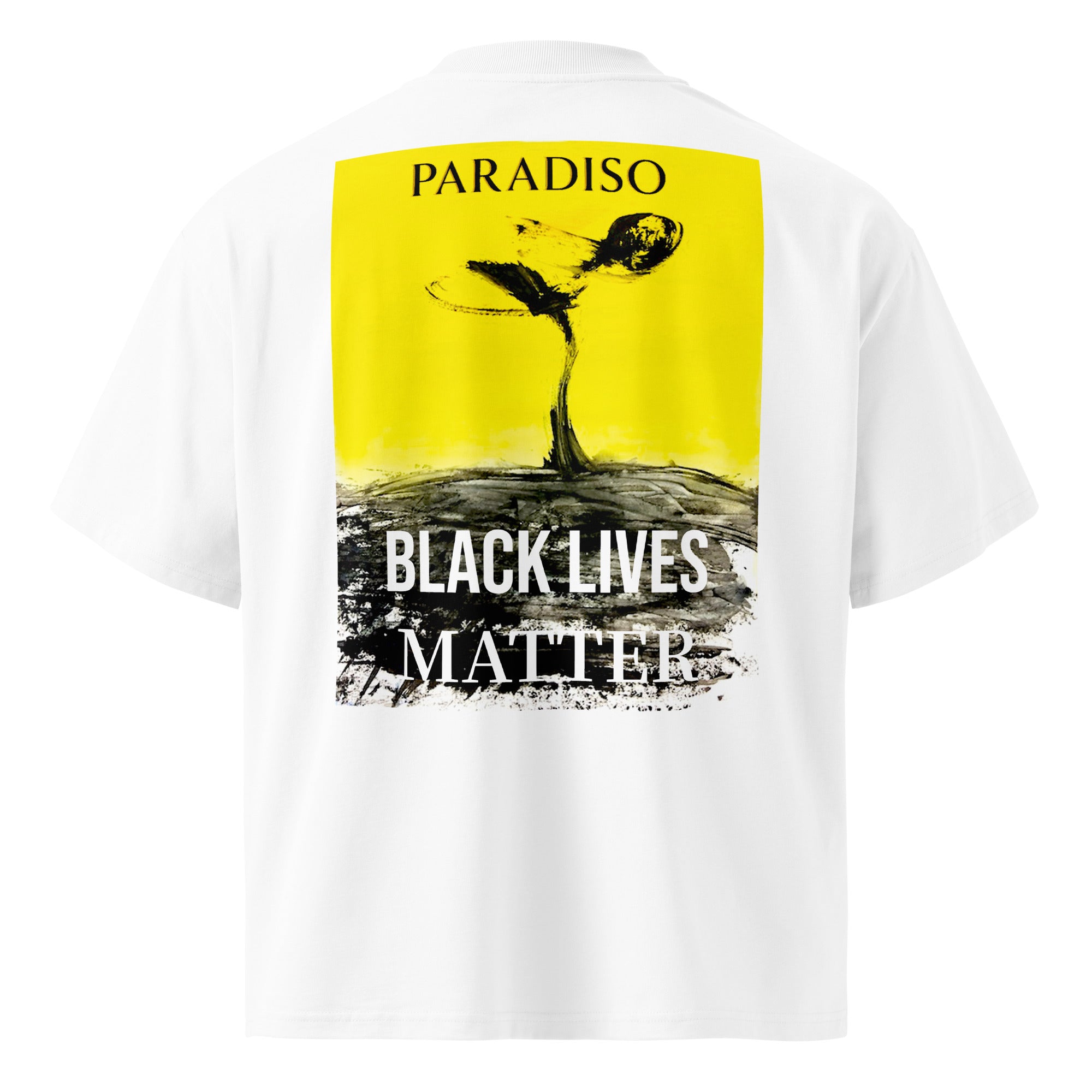 T-shirt white oversized organic cotton with artistic yellow and black logo print, lettering, black lives matter on back, design by Paradiso OG