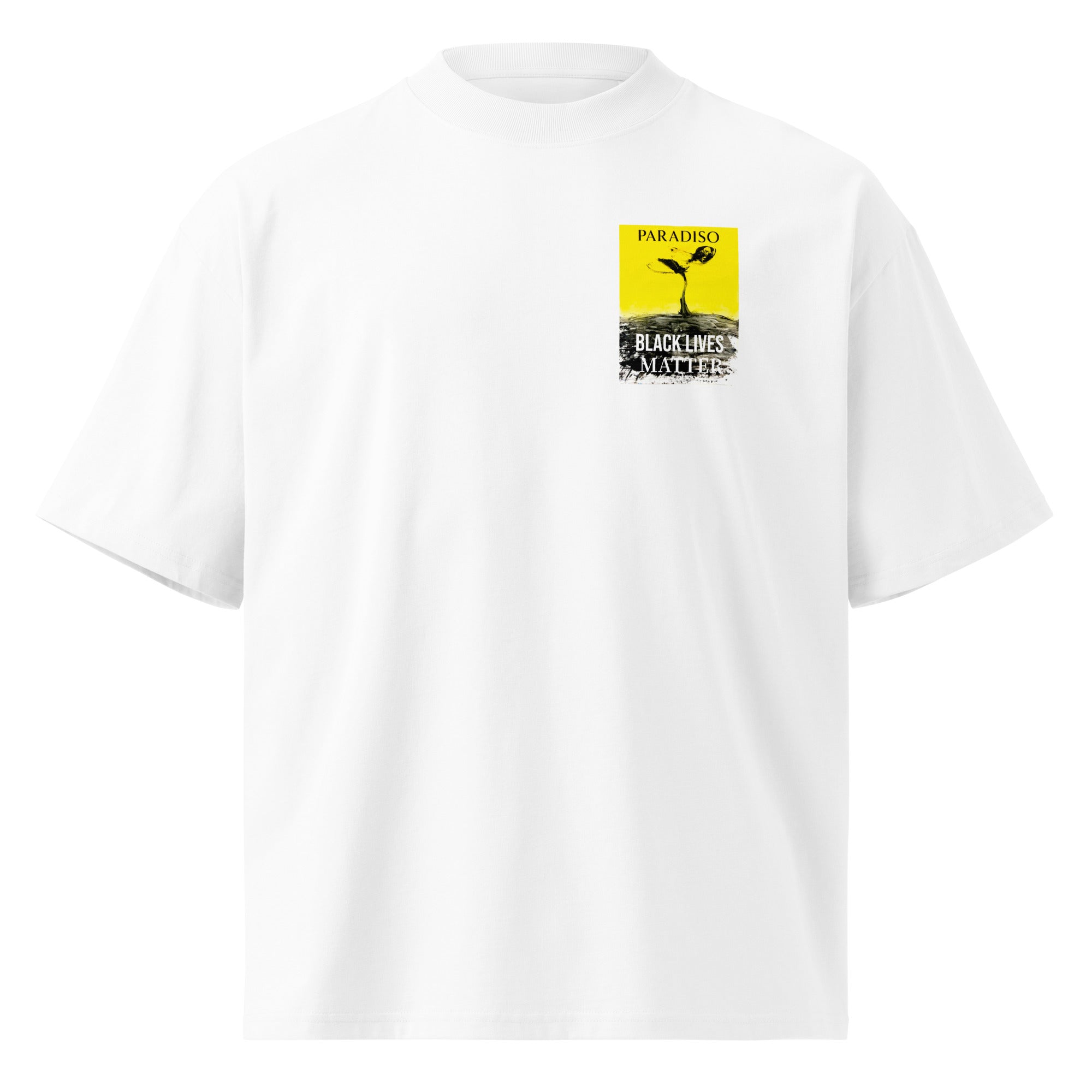 T-shirt white oversized organic cotton with artistic yellow and black logo, lettering, black lives matter front print design by Paradiso OG