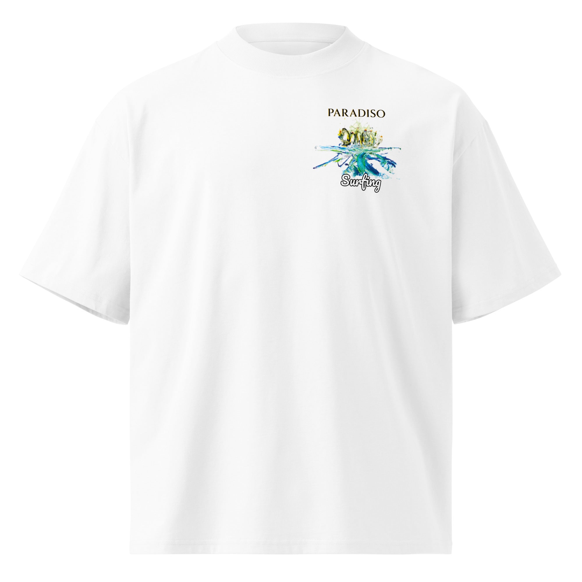T-shirt white oversized organic cotton with artistic yellow and blue logo print, lettering, surfing front chest design by Paradiso OG