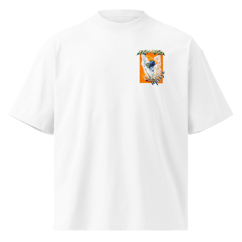 unisex t-shirt oversized white with organic-oversizedlogo on front-chest, orange, white and blue art design by paradiso og