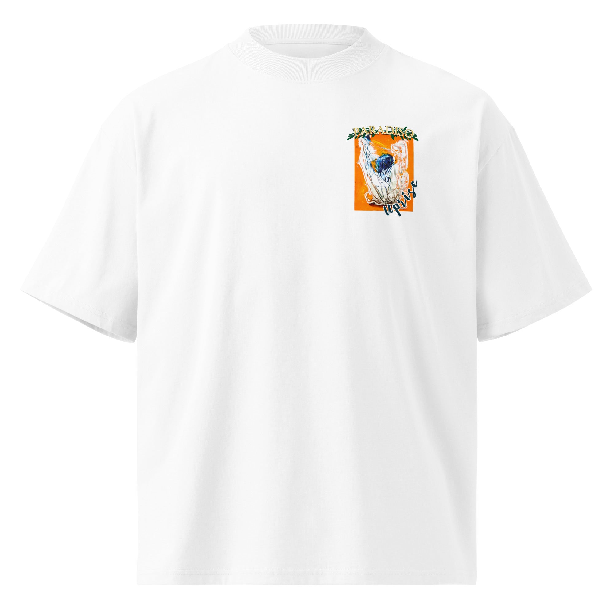 unisex t-shirt oversized white with organic-oversizedlogo on front-chest, orange, white and blue art design by paradiso og
