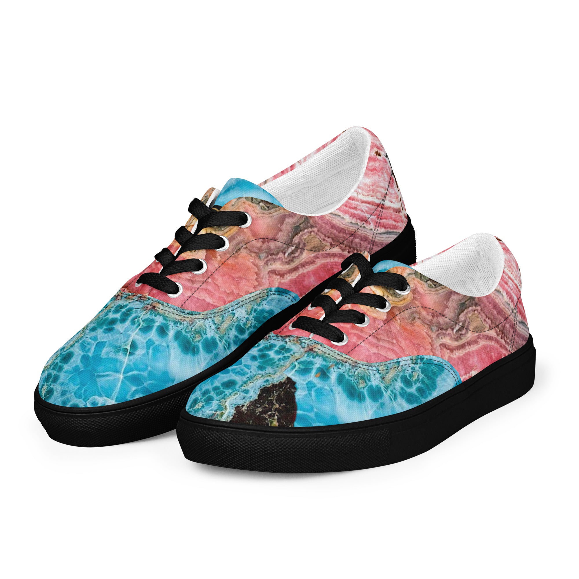 womens lace up canvas Shoe black exclusive unique style, all over printed larimar, rhodochrosite crystal art-design made by paradiso og urban streetwear label