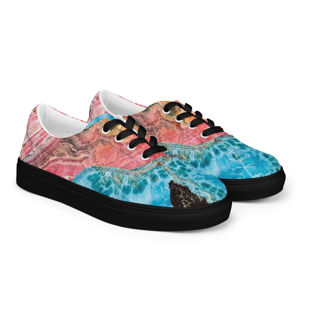 womens lace up canvas Shoe black exclusive unique style, all over printed larimar, rhodochrosite crystal art-design made by paradiso og urban streetwear label