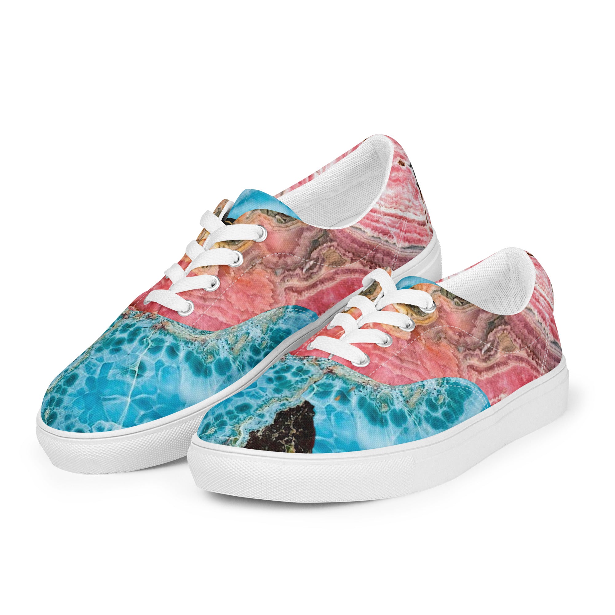 womens lace up canvas Shoe white exclusive unique style, all over printed larimar, rhodochrosite crystal art-design made by paradiso og urban streetwear label