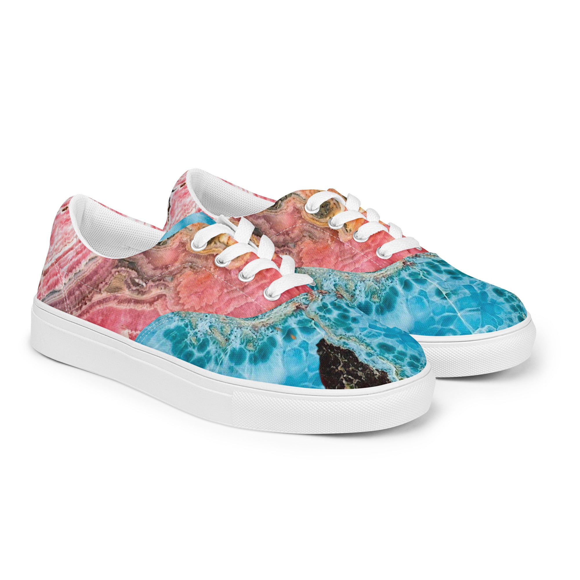 womens lace up canvas Shoe white exclusive unique style, all over printed larimar, rhodochrosite crystal art-design made by paradiso og urban streetwear label