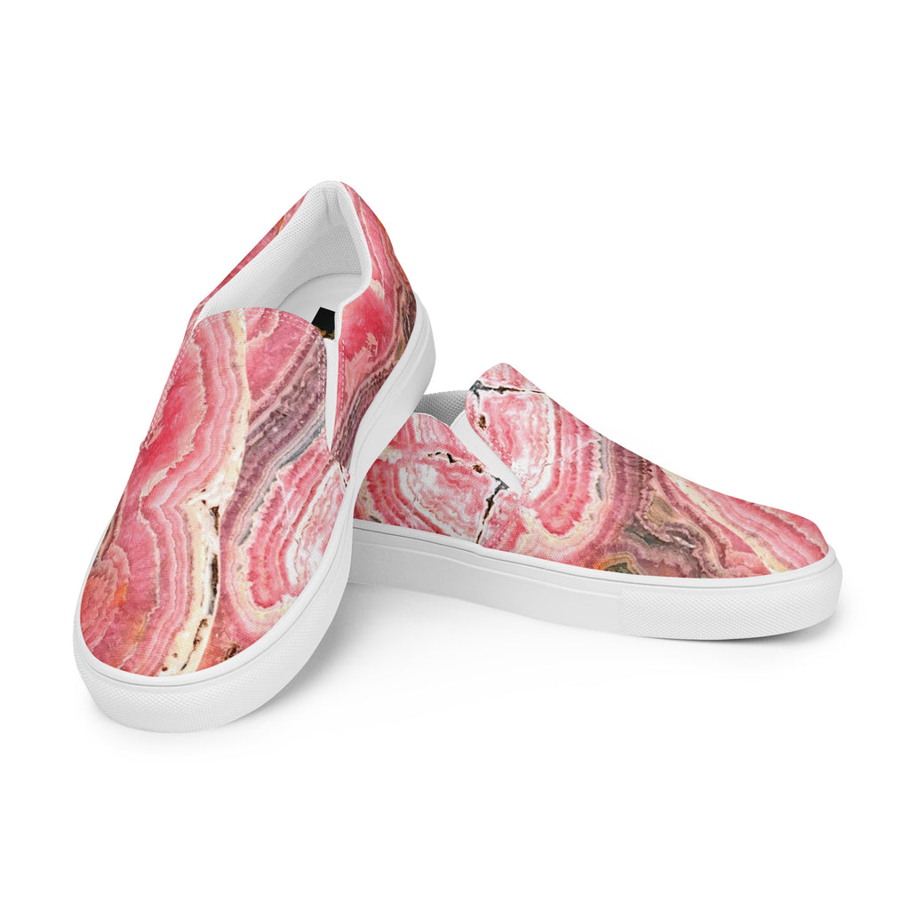 womens slip on canvas Shoe white exclusive unique style, all over printed rhodochrosite crystal art-design made by paradiso og urban streetwear label