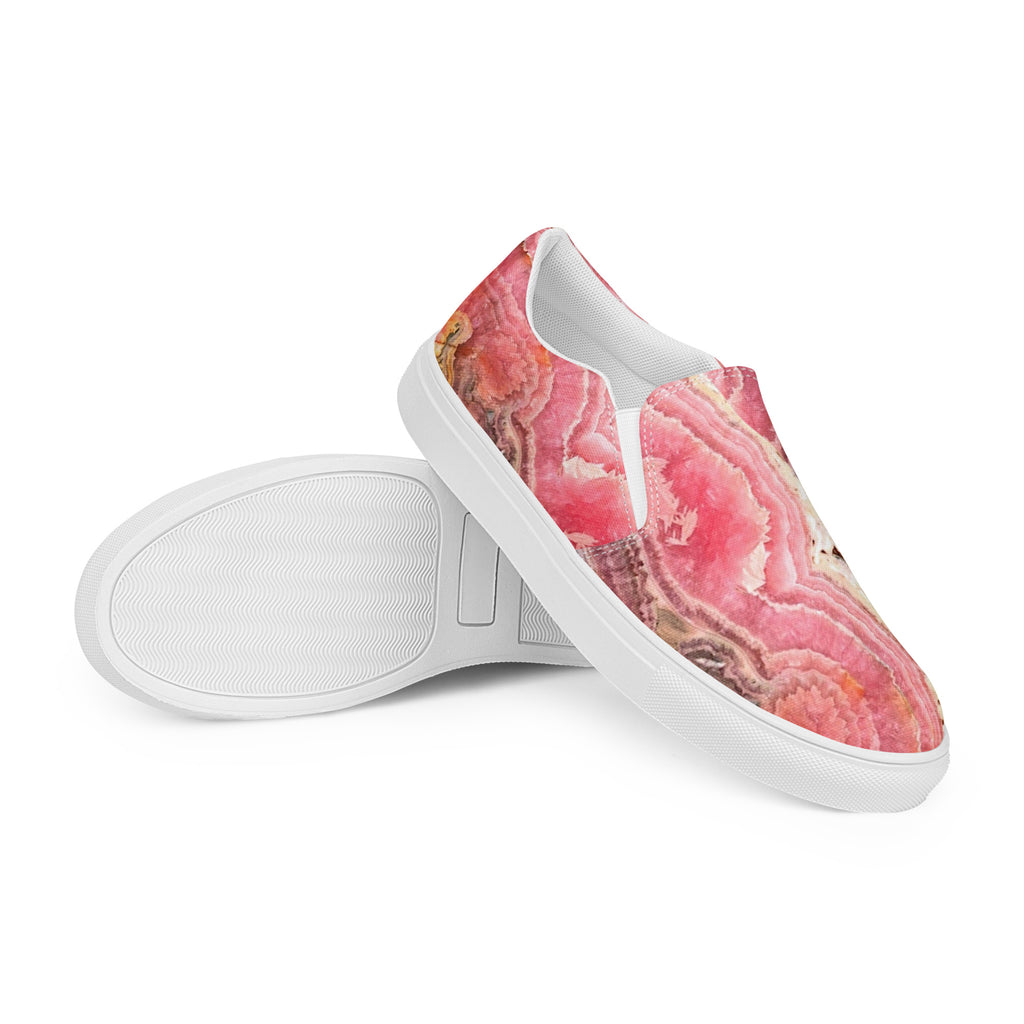 womens slip on canvas Shoe white exclusive unique style, all over printed rhodochrosite crystal art-design made by paradiso og urban streetwear label
