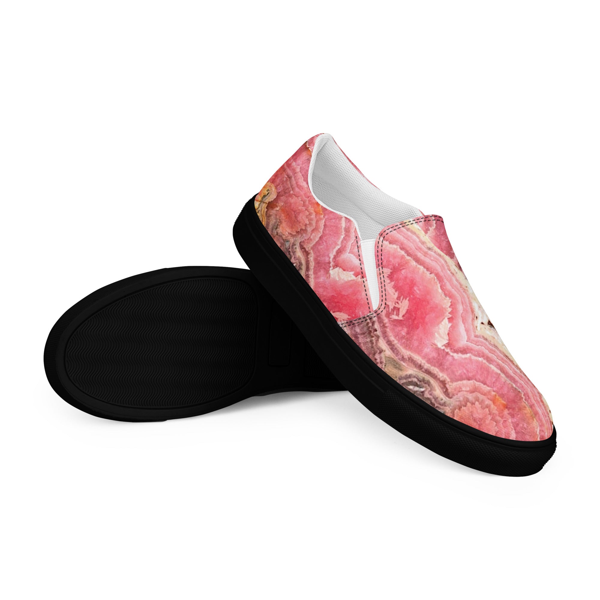 womens slip on canvas Shoe black exclusive unique style, all over printed rhodochrosite crystal art-design made by paradiso og urban streetwear label